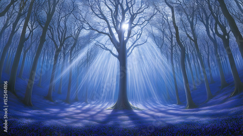 Winter forest landscape in the morning mist