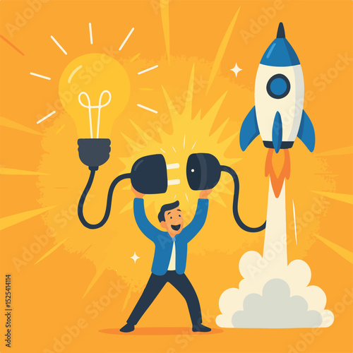Entrepreneur business idea creating startup company, start new business with creativity, innovation, company founder, inventor or developments, businessman connects lightbulb idea with launching rocke