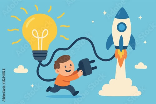 Entrepreneur business idea creating startup company, start new business with creativity, innovation, company founder, inventor or developments, businessman connects lightbulb idea with launching rocke
