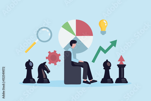 Business Strategy and Analysis with Chess Pieces Graph Lightbulb and Pie Chart Illustration