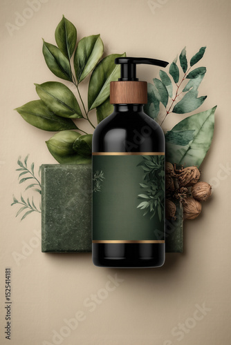 Natural shampoo and soap mockup with dark green label, botanical elements, and beige background.