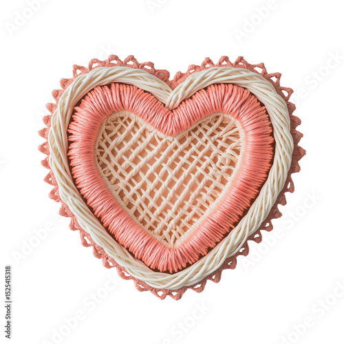 Heart-Shaped Wall Basket with Coral Pink and Tan Tight Weave Design