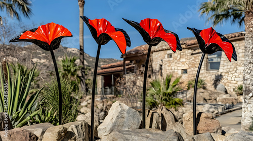 Red and white flag waving in a bright blue sky with flowers and green nature around