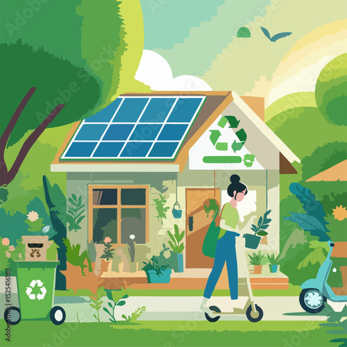An isometric vector illustration depicting sustainable living, featuring a house with solar panels, a woman watering plants, an electric scooter, recycling bins, and an energy-saving light bulb symbol