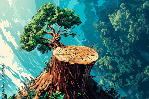 Illustration of a felled tree, a stump with one remaining living branch striving for rebirth
