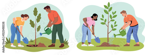  two pairs of people planting trees. In each scene, one person uses a shovel while the other waters the young sapling. 