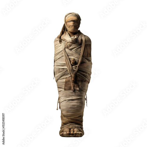 Ancient Egyptian mummy displayed in museum, intricately wrapped in linen, showcasing historical burial practices. Isolated on white background or PNG
