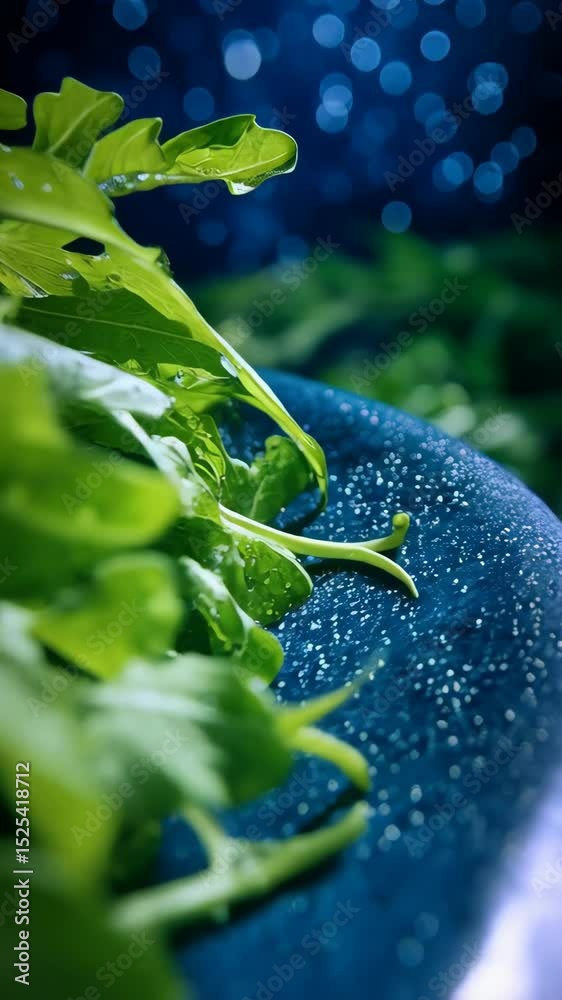 Fresh vibrant green leaves with water droplets against a dark blue bokeh background creating a natural, healthy, and refreshing image.