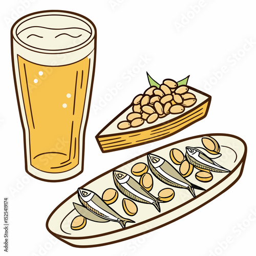 Glass of beer with appetizers including fish and nuts on a white background