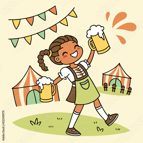 Happy girl in traditional dress cheerfully holding two beer mugs at a festive outdoor event
