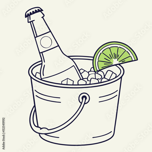 Chilled beer bottle with lime in an ice bucket on a light background