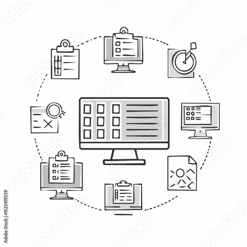 Digital Project Management Interface with Task Screens and Checklists – Line Vector Illustration