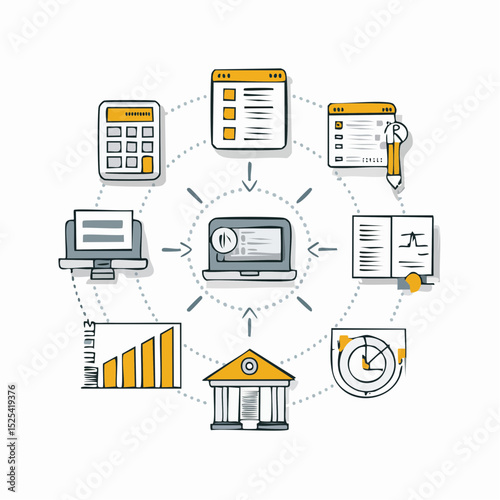 Online Business Management System with Financial and Legal Icons – Vector Illustration