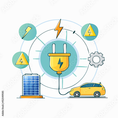 Electric Car Charging Concept with Plug, Solar Panel, and Energy Icons – Vector Illustration