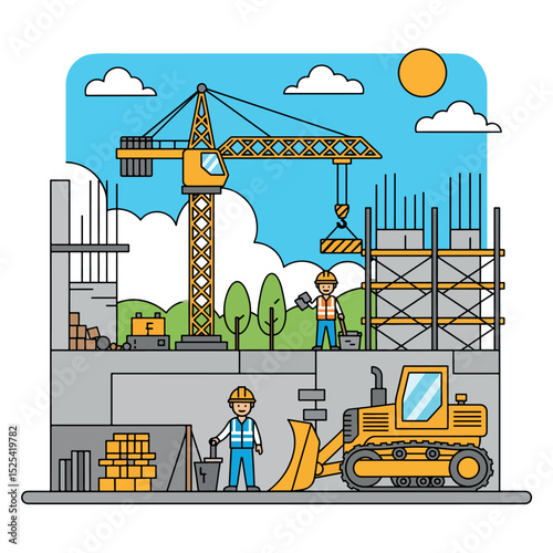 Simple Construction Site Illustration with Crane and Workers