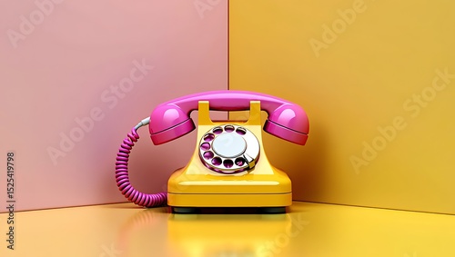 Retro phone vintage telephone pink yellow background communication rotary dial old fashioned design object