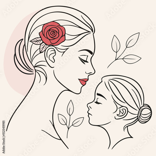 Woman with flower behind her ear in peaceful line art style, ideal for feminine branding and nature themes.