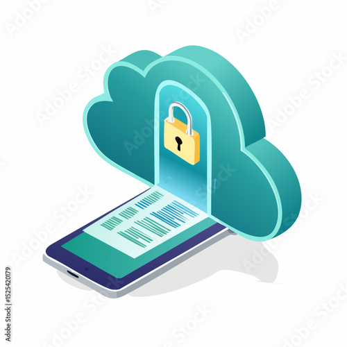 Isometric Cloud Data Security with Lock and Tablet photo