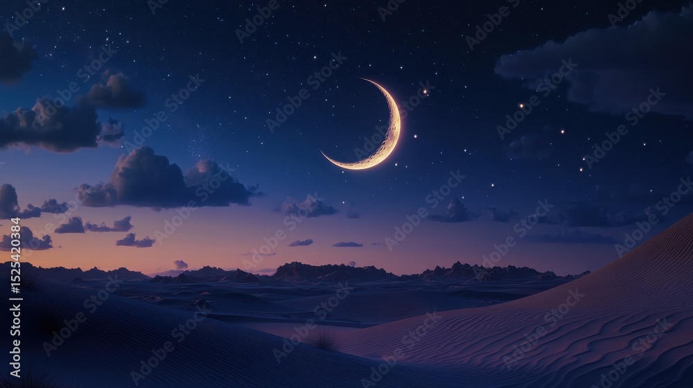 Obraz premium Crescent moon over a desert landscape at night