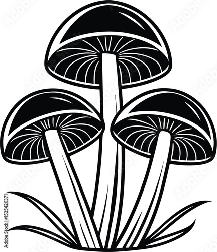 Mushroom cluster silhouette, fungi vector icon, black and white mushrooms, simple nature design, botanical graphic illustration