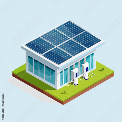 Isometric EV Charging Station with Solar Roof – Vector Illustration