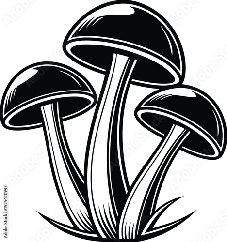 Mushroom cluster silhouette, fungi vector icon, black and white mushrooms, simple nature design, botanical graphic illustration