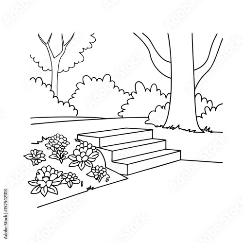 Black and white line art illustration of garden landscape with steps and flowers