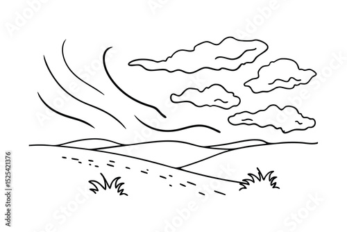 Simple black and white line art drawing depicting a scenic landscape with clouds and wind.