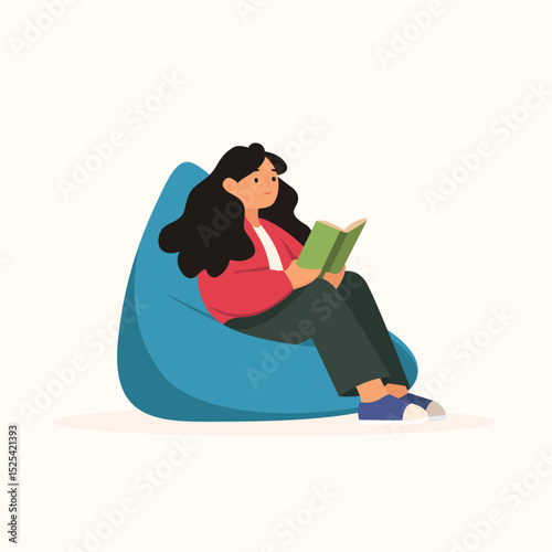 Minimalist Flat Vector Girl on Beanbag Chair Reading Book