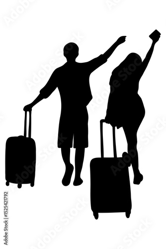 Silhouette of couple people walking with suitcase, luggage. Summer vacation and travel concept. Flat vector illustration isolated on transparent background.