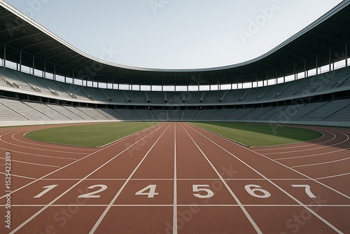 Empty Stadium with Running Track Ready for the Race, Athletic Competition Venue, Sports Arena, Modern Architecture Design