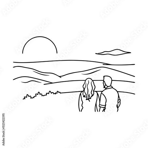 Couple admiring scenic landscape outline style perfect for romantic concepts and travel designs