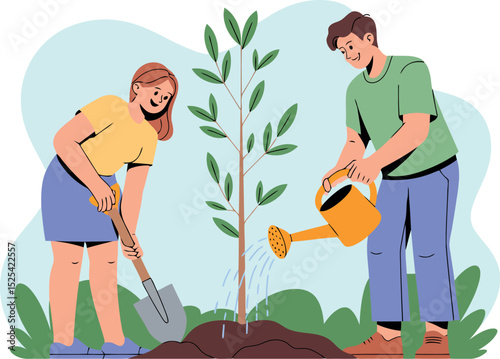 a couple planting a tree together. One person is using a shovel to dig, while the other waters the young tree. The image symbolizes ecology, gardening, teamwork, and environmental care.