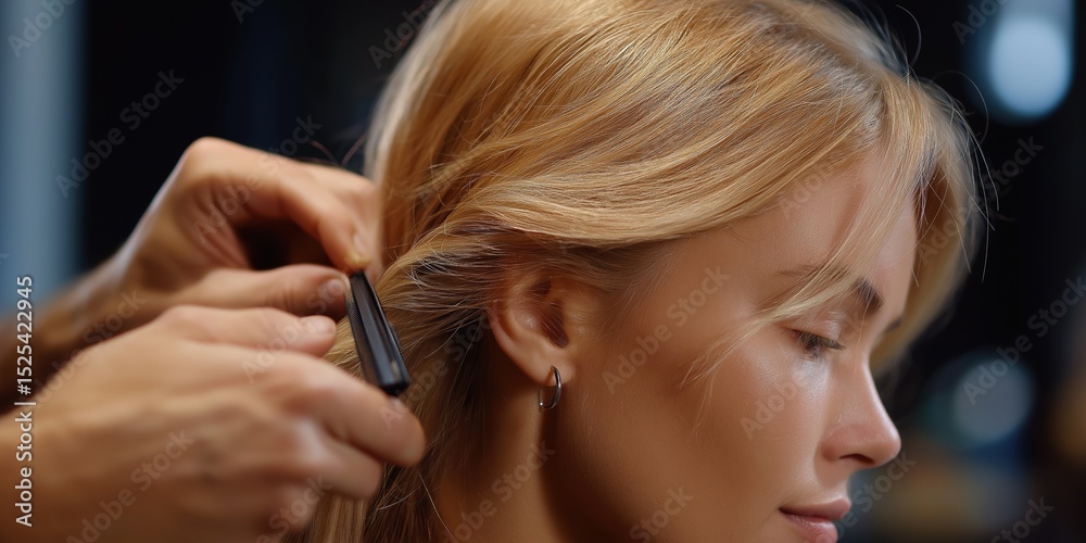 Fototapeta premium Blonde caucasian female getting hair styled by hairdresser in salon