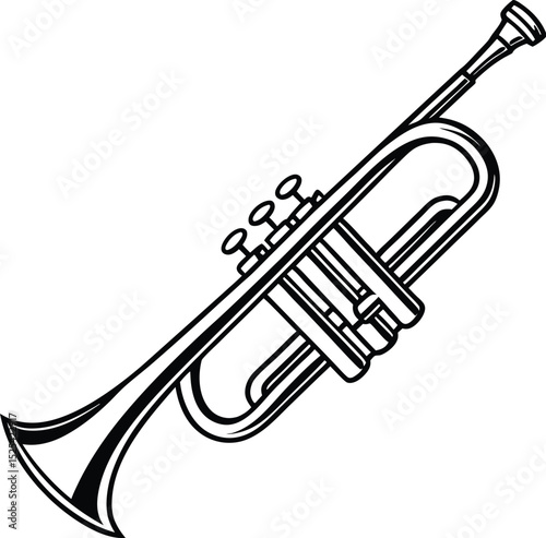 Trumpet silhouette vector, musical instrument icon, black and white horn, jazz music graphic, simple band design