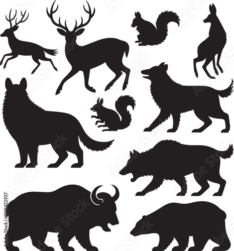 Wild animal silhouette vector set with deer bear wolf buffalo and forest creatures