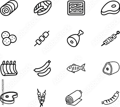 Meat and Seafood Line Art Icons Set- Steak, Fish, Sausage, Kebabs And Butchery Cuts.