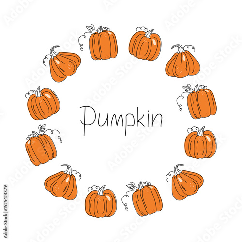 Pumpkin, round frame, harvest vegetables. Banners, posters with space for text. Harvest festival, Halloween. Drawing, doodle. Hand lettering. Diet vegetarian natural food, isolated background.