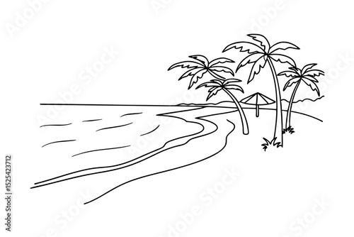 Black and white beach scene depicting palm trees seaside shoreline and umbrella