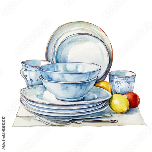 Dish Set, watercolor painting vector, high quality, isolated on a white background.