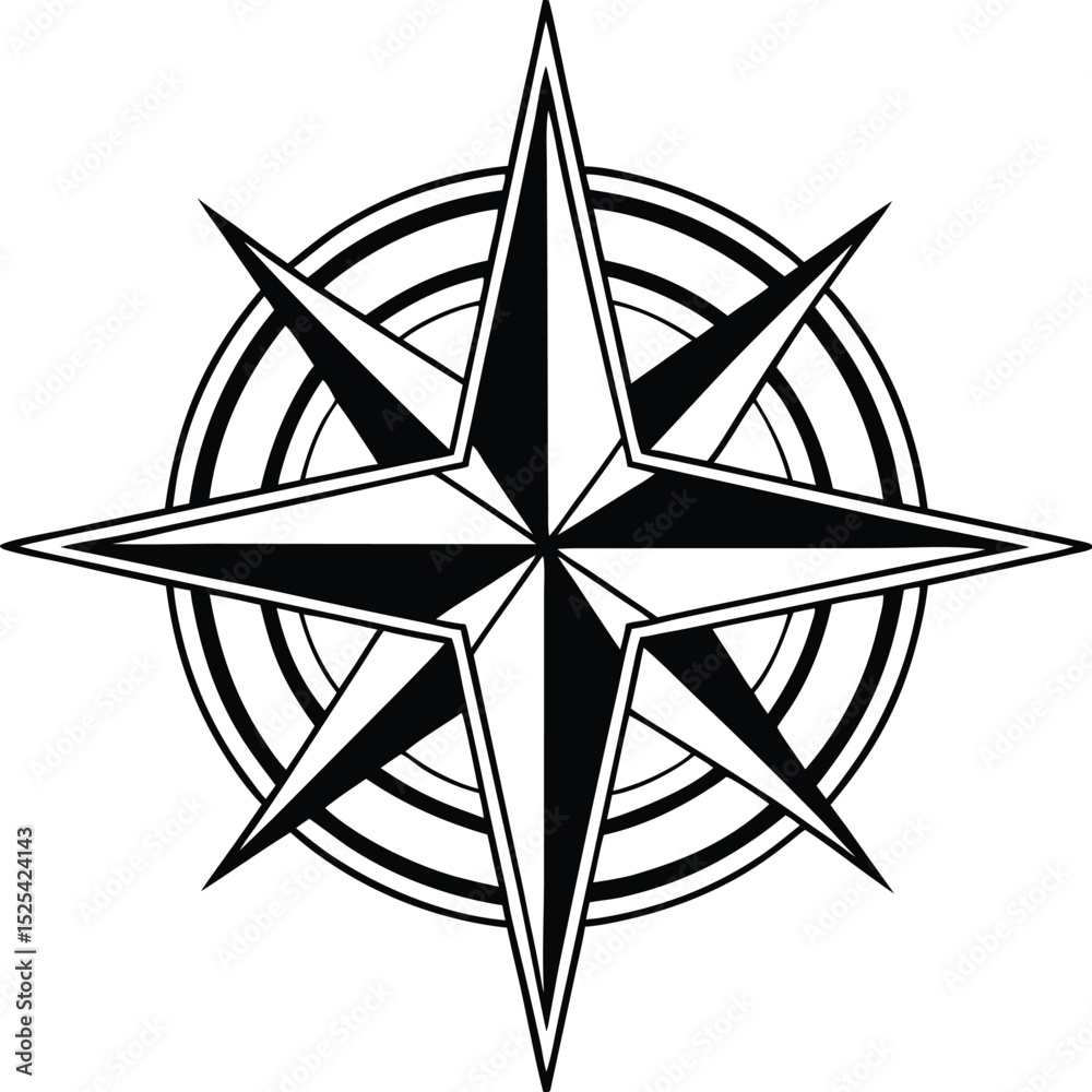Fototapeta premium Compass rose silhouette, navigation symbol vector, line art compass, directional guide icon, minimal map design