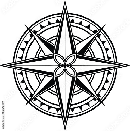 Compass rose silhouette, navigation symbol vector, line art compass, directional guide icon, minimal map design