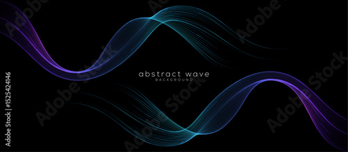Vector abstract flowing gradient blue purple wave lines isolated on black background. Elegant mirror wave line design. Design element for technology, science, AI, flyer, modern concept	