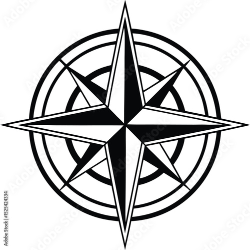 Compass rose silhouette, navigation symbol vector, line art compass, directional guide icon, minimal map design