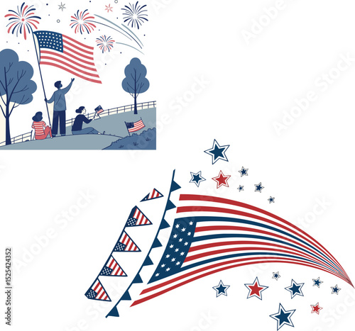 Fourth of July USA independence celebration background with patriotic red, white, and blue flag stars and stripes illustration