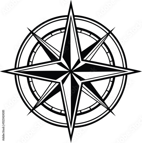 Compass rose silhouette, navigation symbol vector, line art compass, directional guide icon, minimal map design