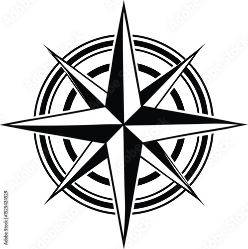 Compass rose silhouette, navigation symbol vector, line art compass, directional guide icon, minimal map design