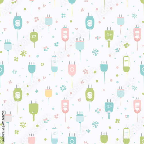 Pastel Eco Plug Seamless Pattern – Cute Green Energy Background with Flowers