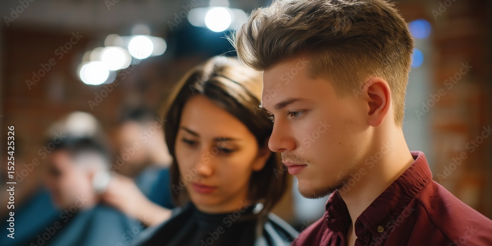 Fototapeta premium Young caucasian adults at hair salon focusing intently on haircuts