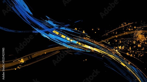 Abstract blue and gold brushstrokes traverse a black backdrop with scattered paint speckles